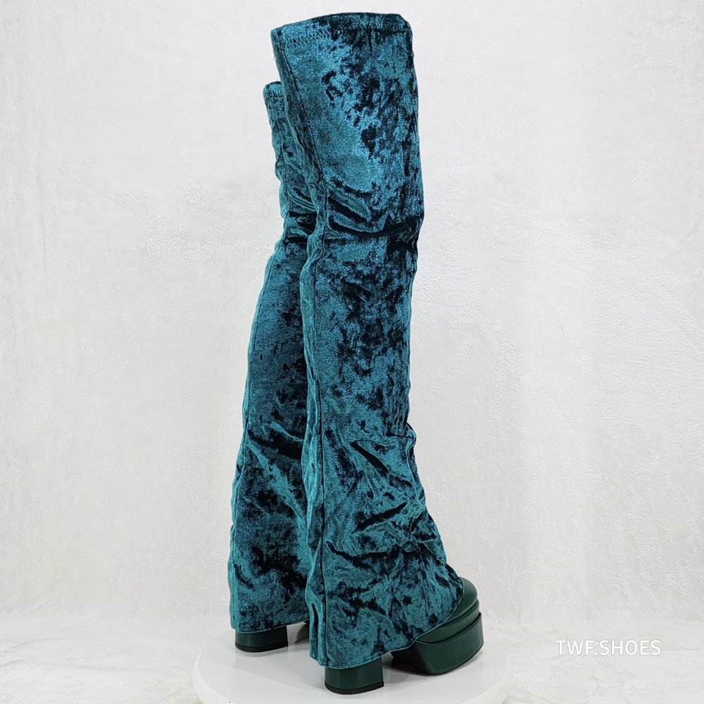 Good Will Unique Thigh High Emerald Velvet Fold over Chunky Heel Platform Boots - Picture 10 of 15